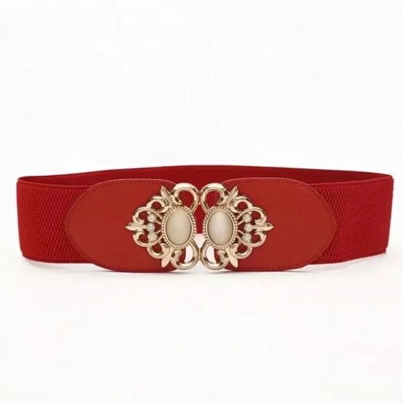 ATLAS Vegan Leather Embellished Elastic Belt RED - GOLD FINAL PRICE 🎈 - Picture 1 of 2